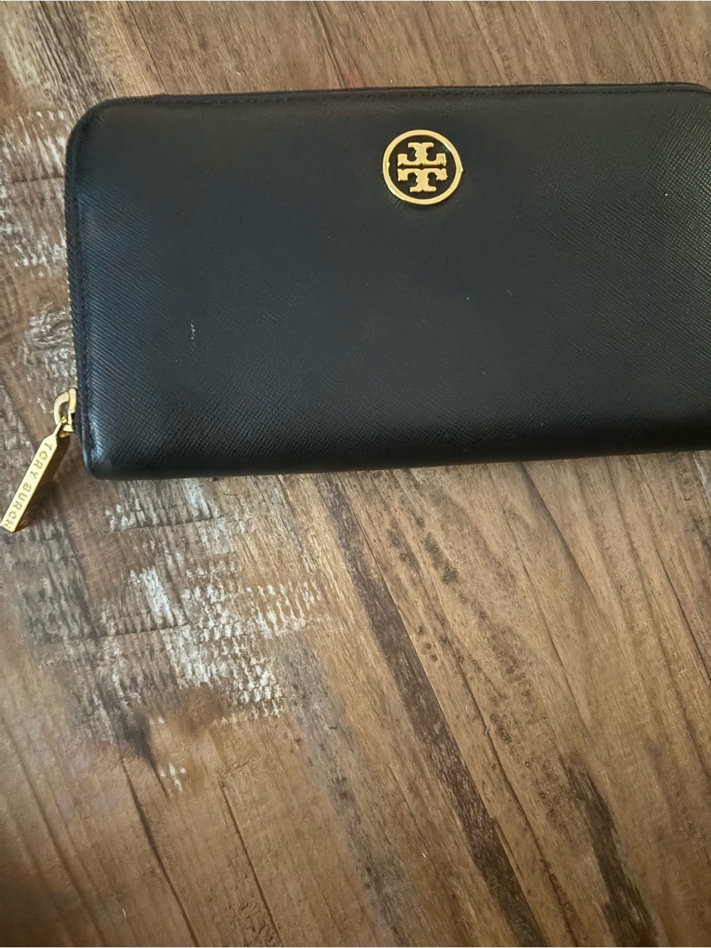 Tory Burch Black Leather Zip Around Wallet with Gold Emblem